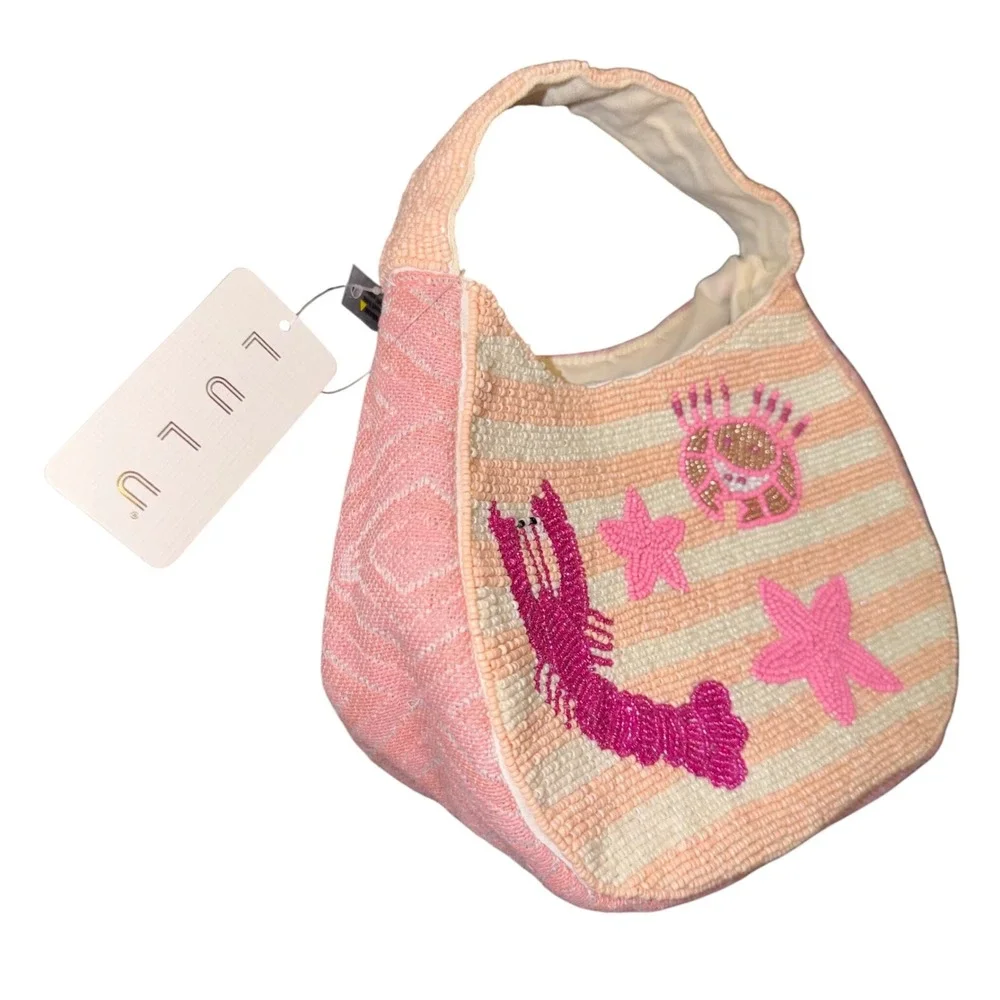 Lulu Beaded Hobo Bag Womens Small Pink NWT Lobster Crab Starfish Coastal Boho